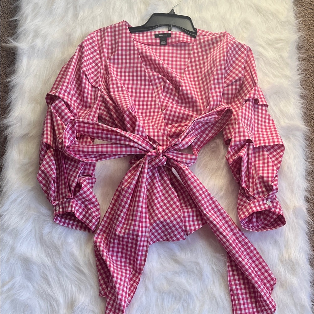 Halogen Red Gingham Ruffle Sleeve Blouse